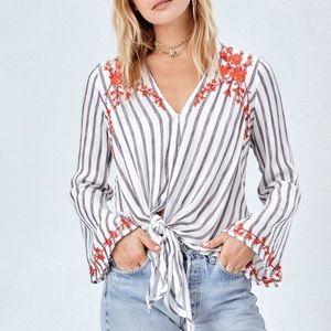 Lovestitch Stripe Embroidered Tie Front Top